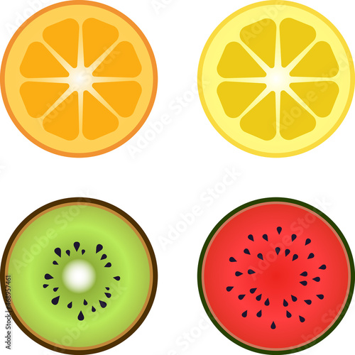 fruit halves, fruit slices: orange, lemon, kiwi, watermelon