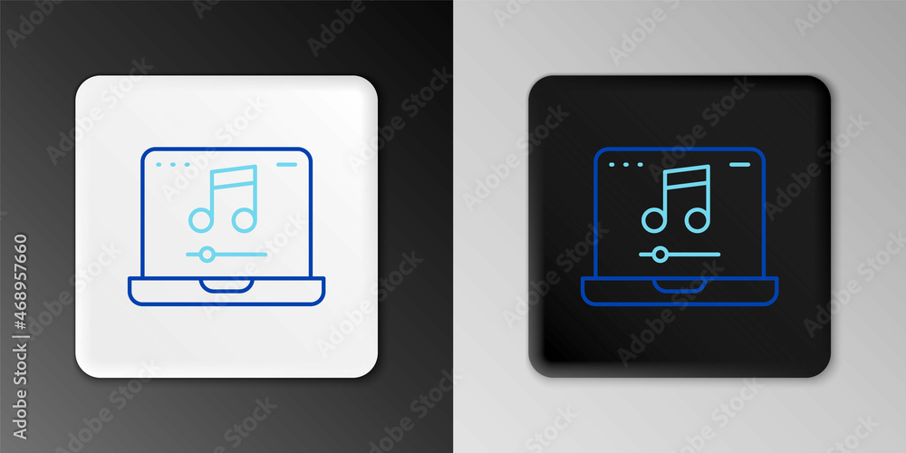 Line Laptop with music note symbol on screen icon isolated on grey background. Colorful outline concept. Vector Line Laptop with music note symbol on screen icon isolated on grey background. Colorful outline concept. Vector