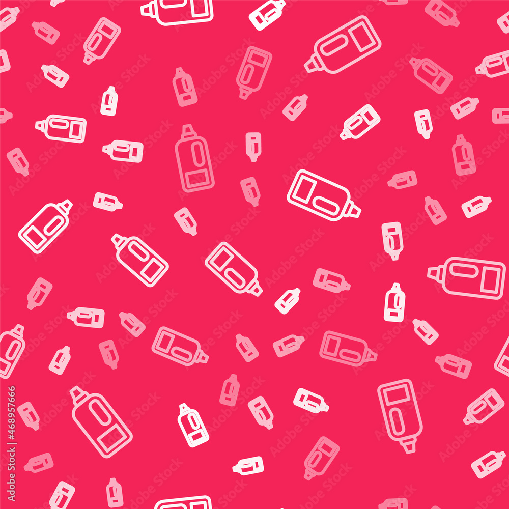 White line Plastic bottle for laundry detergent, bleach, dishwashing liquid or another cleaning agent icon isolated seamless pattern on red background. Vector White line Plastic bottle for laundry detergent, bleach, dishwashing liquid or another cleaning agent icon isolated seamless pattern on red background. Vector