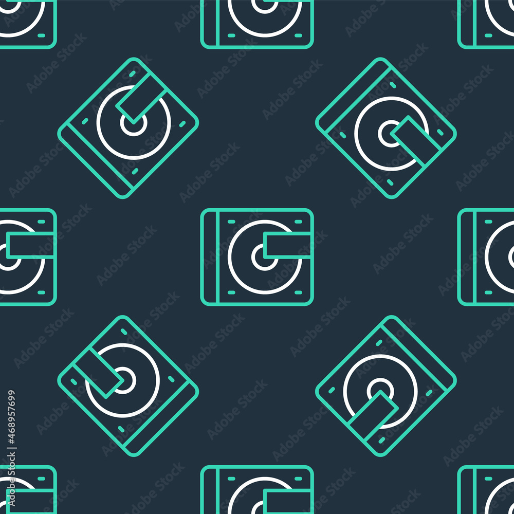 Line Vinyl player with a vinyl disk icon isolated seamless pattern on black background. Vector Line Vinyl player with a vinyl disk icon isolated seamless pattern on black background. Vector