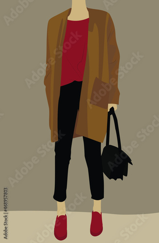 Vector illustration of a young girl in black pants. Lady with a black bag, a red T-shirt and a beige cardigan. Design for cards, posters, avatars, backgrounds, templates, textiles.