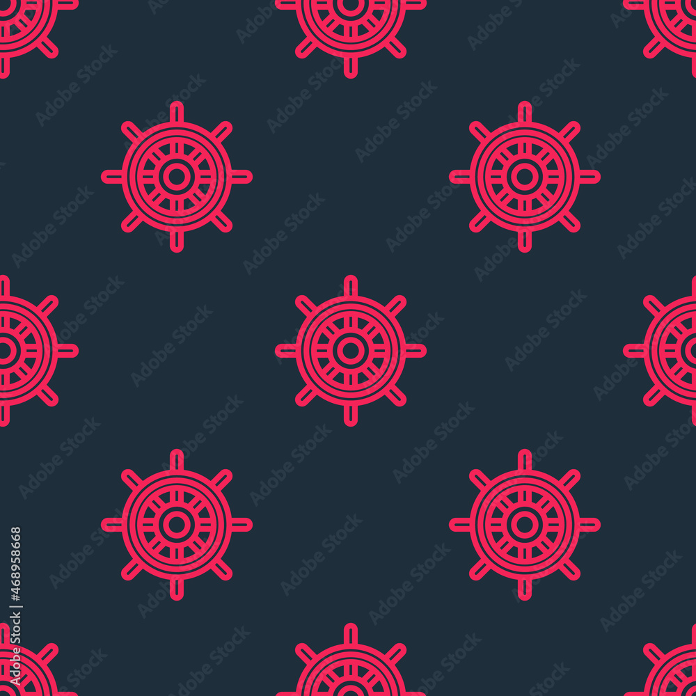 Red line Ship steering wheel icon isolated seamless pattern on black background. Vector Red line Ship steering wheel icon isolated seamless pattern on black background. Vector