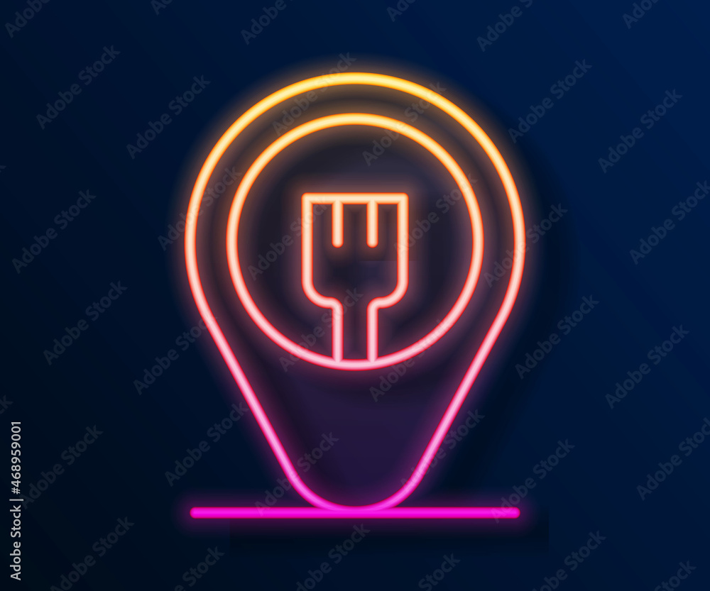 Glowing neon line Cafe and restaurant location icon isolated on black background. Fork eatery sign inside pinpoint. Vector. Glowing neon line Cafe and restaurant location icon isolated on black background. Fork eatery sign inside pinpoint. Vector.