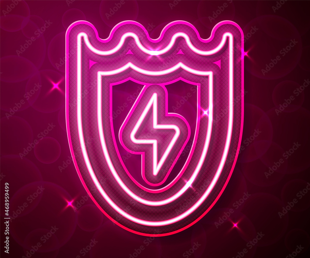 Glowing neon line Lightning and shield icon isolated on red background. High voltage shield. Safe energy. Vector Glowing neon line Lightning and shield icon isolated on red background. High voltage shield. Safe energy. Vector