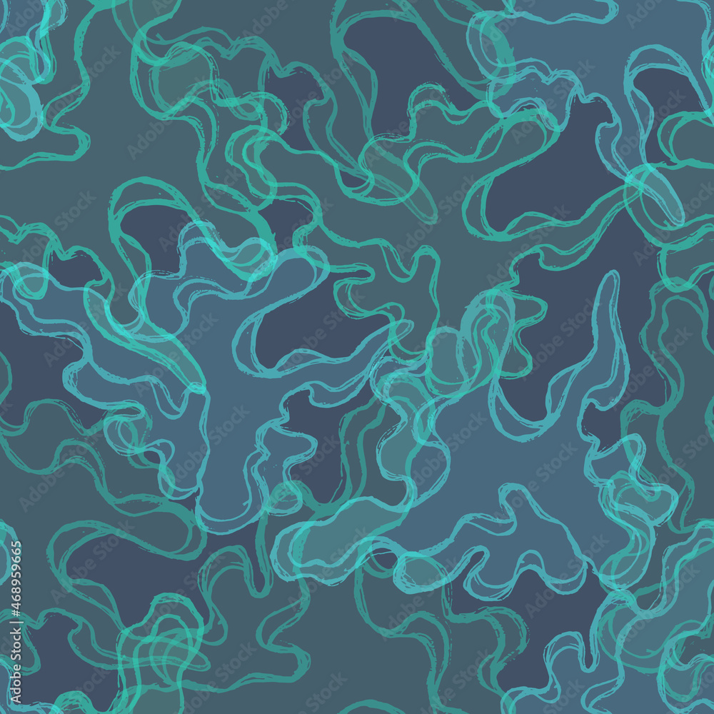 Turquoise abstraction stains seamless pattern from waves and curves. Vector underwater background
