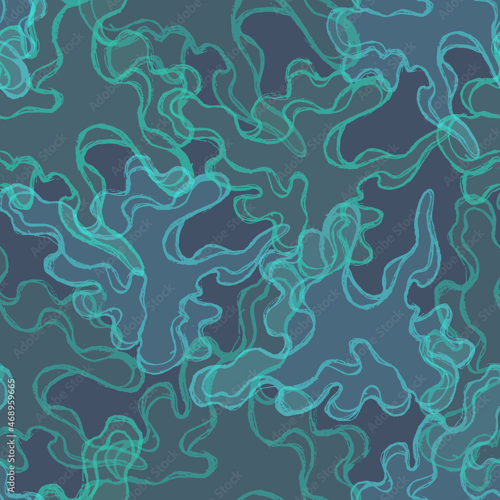 Turquoise abstraction stains seamless pattern from waves and curves. Vector underwater background Turquoise abstraction stains seamless pattern from waves and curves. Vector underwater background