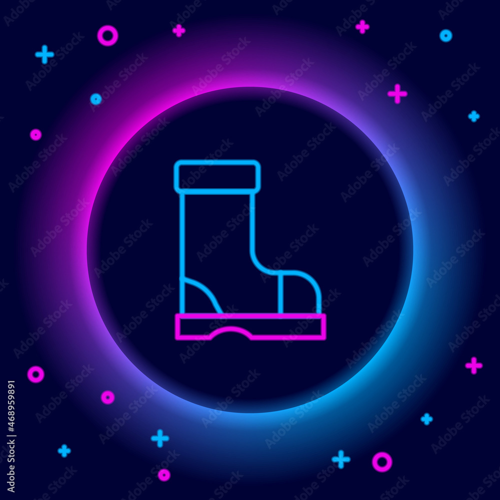Glowing neon line Waterproof rubber boot icon isolated on black background. Gumboots for rainy weather, fishing, gardening. Colorful outline concept. Vector Glowing neon line Waterproof rubber boot icon isolated on black background. Gumboots for rainy weather, fishing, gardening. Colorful outline concept. Vector