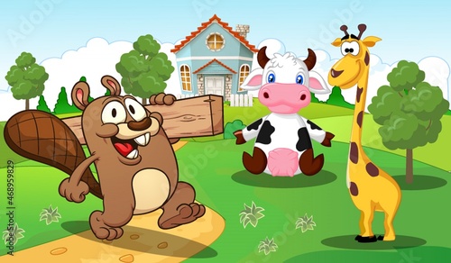 Cartoon animals playing in the garden