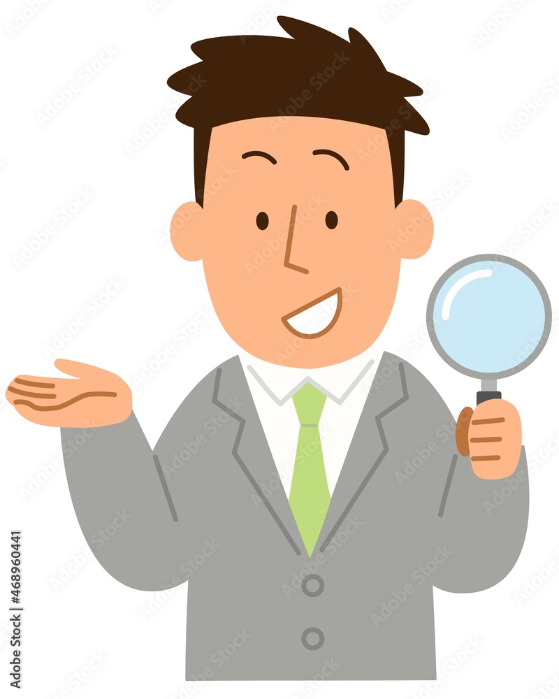 虫眼鏡を持って案内している男性1 虫眼鏡を持って案内している男性1