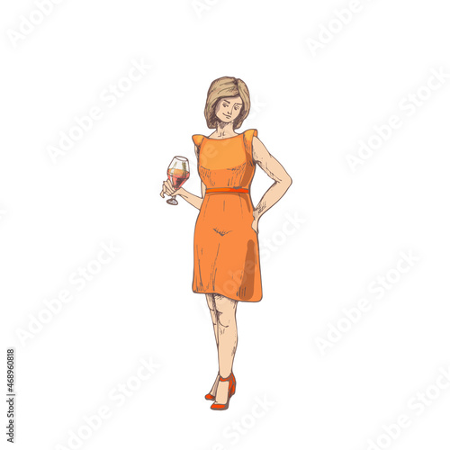 Modern womanholding glass wine. Vintage hatching illustration. Isolated on white photo