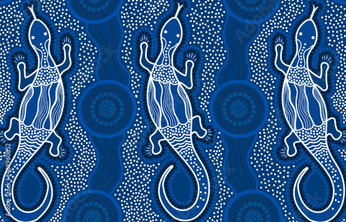 Blue aboriginal dot lizard art illustration