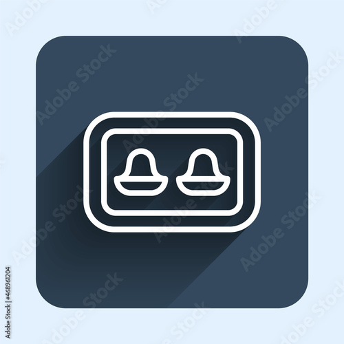White line Earplugs with storage box icon isolated with long shadow background. Ear plug sign. Noise symbol. Sleeping quality concept. Blue square button. Vector