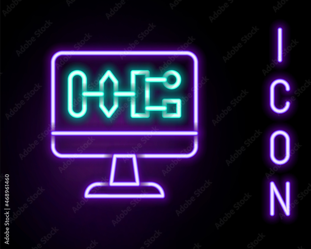 Glowing neon line Algorithm icon isolated on black background. Algorithm symbol design from Artificial Intelligence collection. Colorful outline concept. Vector Glowing neon line Algorithm icon isolated on black background. Algorithm symbol design from Artificial Intelligence collection. Colorful outline concept. Vector