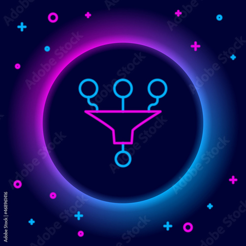 Glowing neon line Funnel or filter icon isolated on black background. Colorful outline concept. Vector