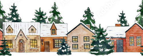 winter frame clipart, watercolor house clip art, christmas village town digital border, forest landscape background