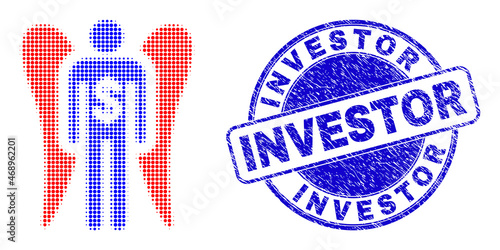 Angel investor halftone dotted icon with Investor seal stamp. Blue vector round grunge seal stamp with Investor phrase inside round shape. Halftone angel investor icon pattern contains round dots.