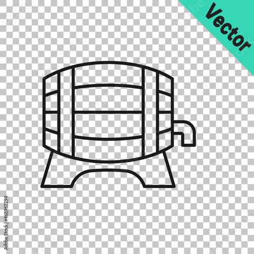 Black line Wooden barrel on rack with stopcock icon isolated on transparent background. Vector