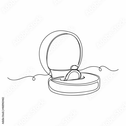 Vector continuous one single line drawing icon of beautiful engagement ring with gemstone in box in silhouette sketch on a white background. Linear stylized.