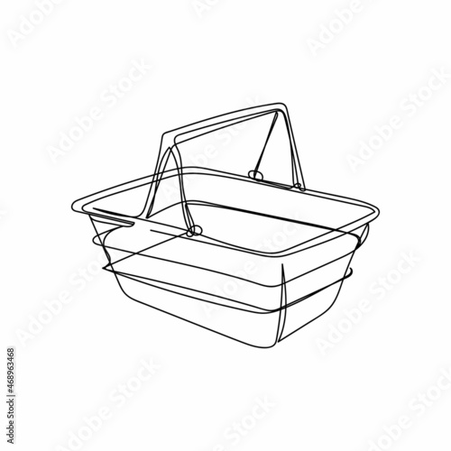 Vector continuous one single line drawing icon of empty shopping basket in silhouette sketch on a white background. Linear stylized.
