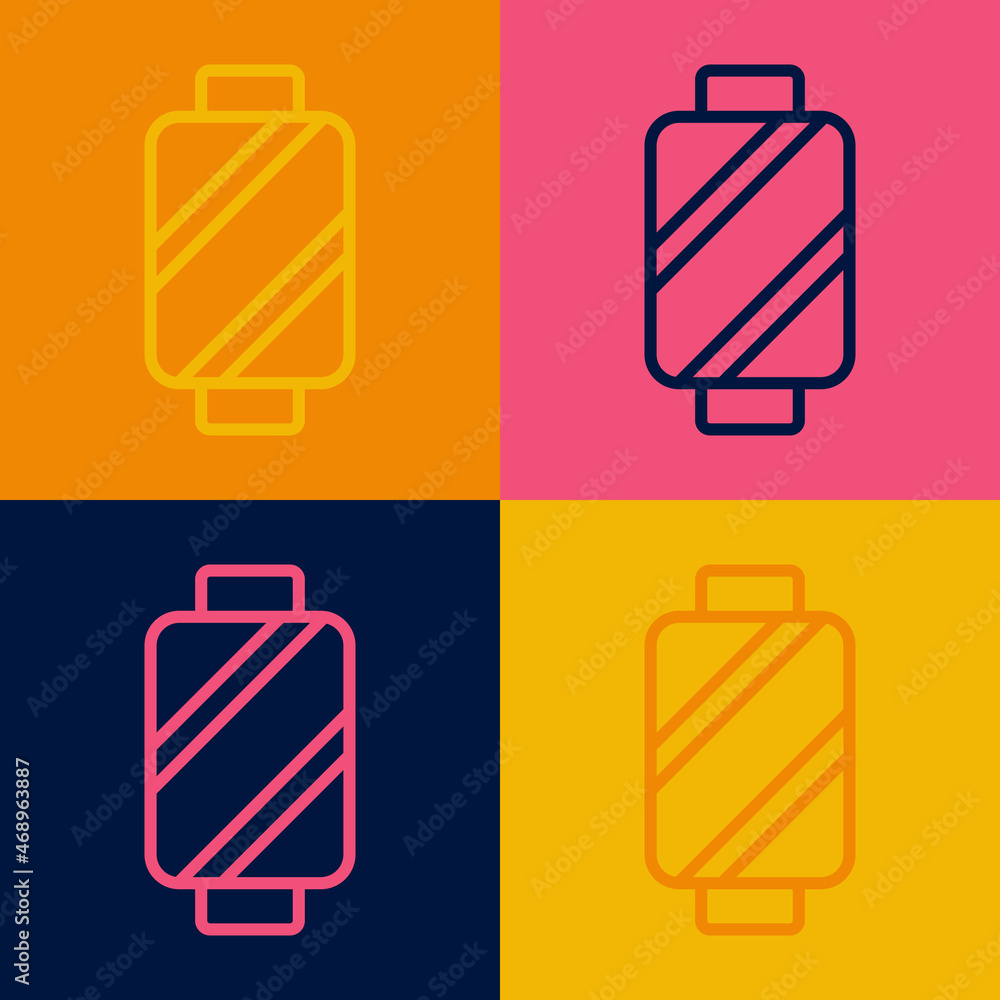 Pop art line Sewing thread on spool icon isolated on color background. Yarn spool. Thread bobbin. Vector Pop art line Sewing thread on spool icon isolated on color background. Yarn spool. Thread bobbin. Vector