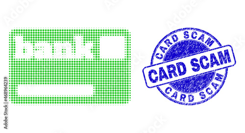 Bank card halftone dotted icon with Card Scam watermark. Blue vector rounded scratched seal stamp with Card Scam text inside round form. Halftone bank card icon pattern contains round elements.