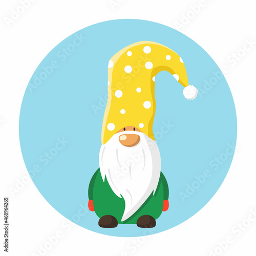 Dwarf in yellow hat. Vector cartoon fairy-tale character with long white beard. Flat gnome illustration.