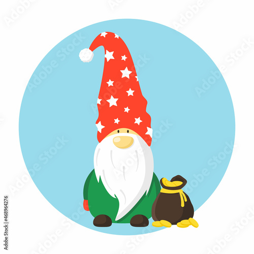 Dwarf in red hat. Vector cartoon fairy-tale character with long white beard. Flat gnome with bag with gold coins.