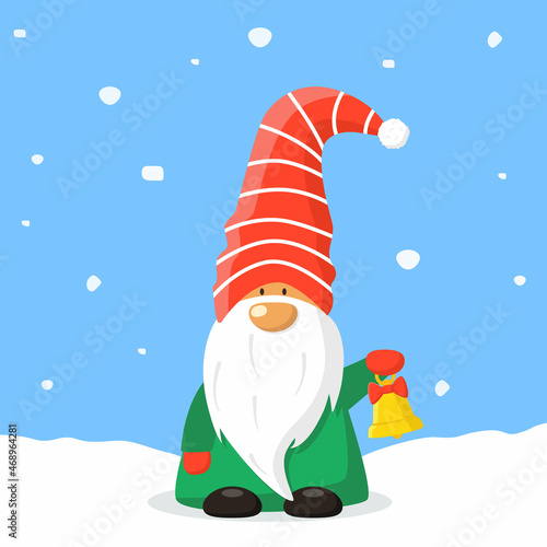 Dwarf with christmas bell. Cartoon dwarf with white long beard. Christmas card with a fairy-tale character. Vector flat gnome in hat under a snowfall.