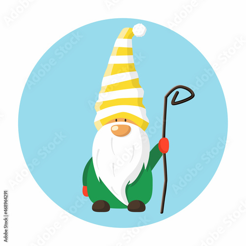 Dwarf in yellow hat. Vector cartoon fairy-tale character with long white beard. Flat gnome with staff.