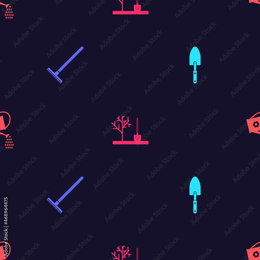 Set Garden trowel spade or shovel, rake, Planting tree in the ground and Watering can on seamless pattern. Vector Set Garden trowel spade or shovel, rake, Planting tree in the ground and Watering can on seamless pattern. Vector