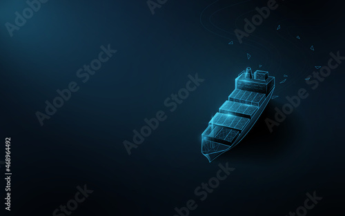 A container cargo ship. Business trade logistics and transportation. Cargo ship boat. Low polygon line, triangles, and particle style design. Abstract geometric wireframe light connection structure
