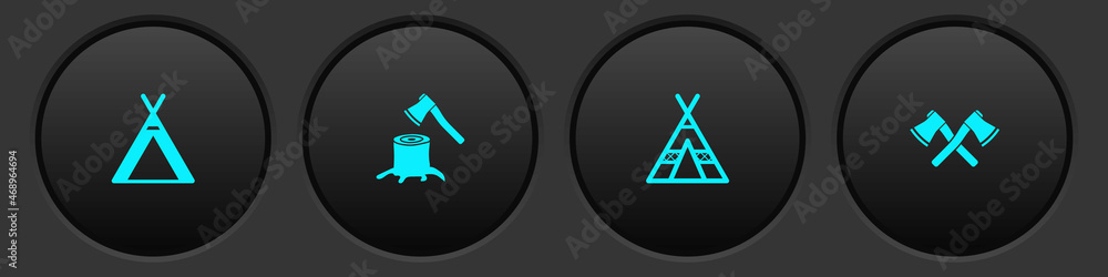 Set Tourist tent, Wooden axe in stump, and Crossed wooden icon. Vector Set Tourist tent, Wooden axe in stump, and Crossed wooden icon. Vector
