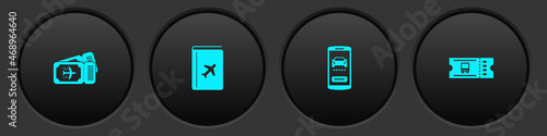 Set Airline ticket, Cover book travel guide, Online car sharing and Bus icon. Vector