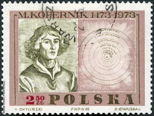 POLAND - 1969: shows Nicolaus Copernicus (1473-1543), painting by Jan Matejko and map of heliocentric system, 1969