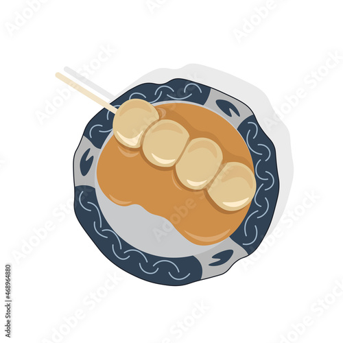 Mitarashi dango on a stick lies on a plate with a pattern in vector graphics