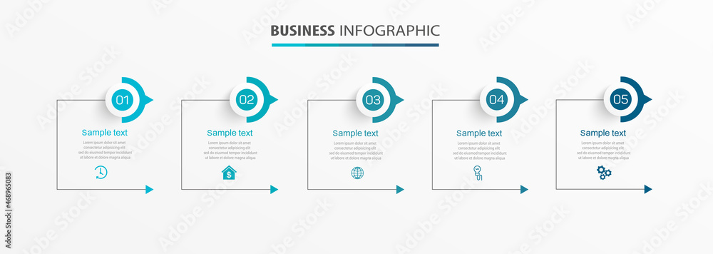 Business infographic template with 5 options or steps. Can be used for workflow layout, diagram, annual report, web design - obrazy, fototapety, plakaty 