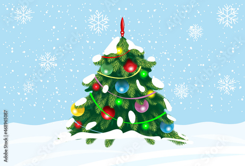 Decorated Christmas tree outdoor. Vector illustration