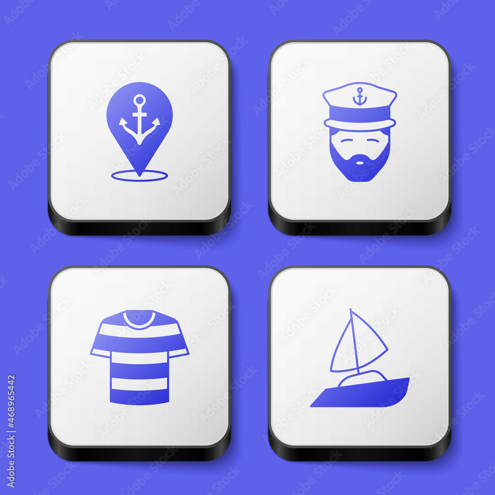 Set Location with anchor, Captain of ship, Striped sailor t-shirt and Yacht sailboat icon. White square button. Vector Set Location with anchor, Captain of ship, Striped sailor t-shirt and Yacht sailboat icon. White square button. Vector