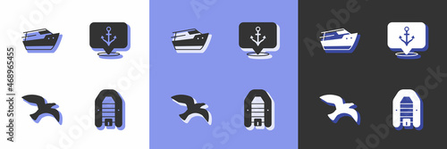 Set Inflatable boat with motor, Speedboat, Bird seagull and Anchor icon. Vector