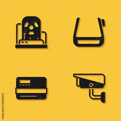 Set Radioactive warning lamp, Security camera, Credit card and Smart glasses on spectacles icon with long shadow. Vector