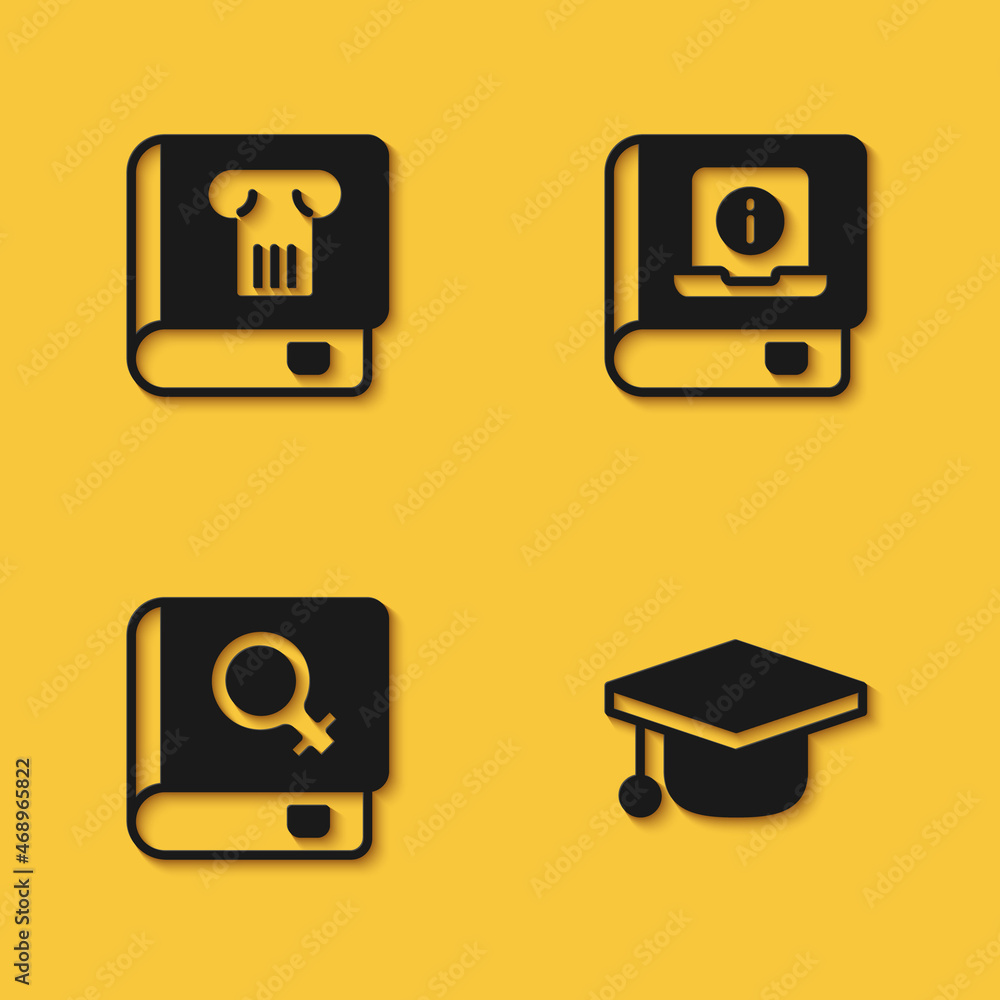 Set History book, Graduation cap, Book about women and User manual icon with long shadow. Vector Set History book, Graduation cap, Book about women and User manual icon with long shadow. Vector
