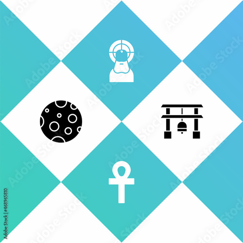 Set Moon, Cross ankh, Jesus Christ and Japan Gate icon. Vector