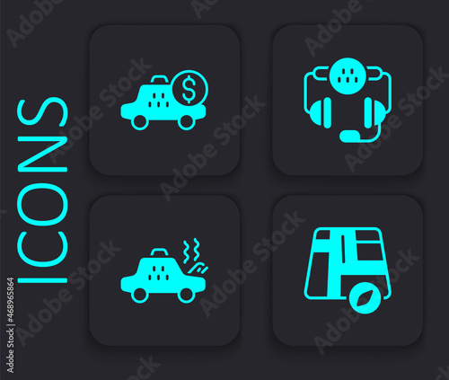 Set Location taxi car, Taximeter device, call telephone service and Broken icon. Black square button. Vector