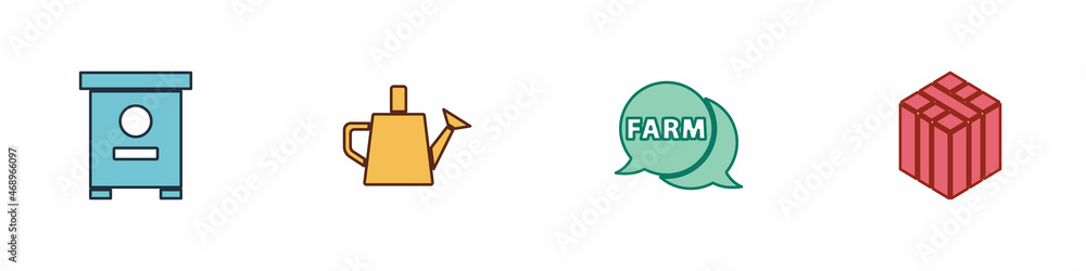 Set Hive for bees, Watering can, Speech bubble with Farm and Bale of hay icon. Vector Set Hive for bees, Watering can, Speech bubble with Farm and Bale of hay icon. Vector