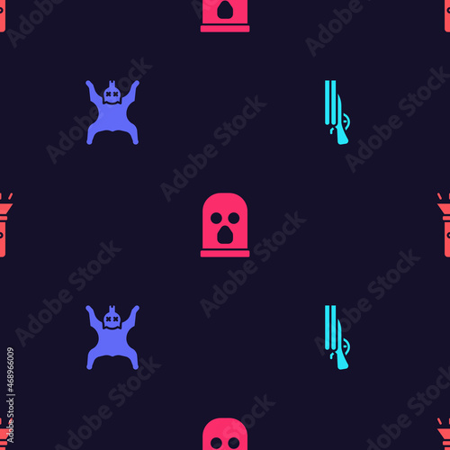 Set Shotgun, Bear skin, Balaclava and Flashlight on seamless pattern. Vector