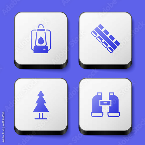 Set Camping lantern, Hunting cartridge belt, Tree and Binoculars icon. White square button. Vector