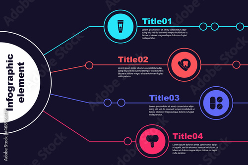 Set Tube of toothpaste, Online dental care, Painkiller tablet and Dental implant. Business infographic template. Vector