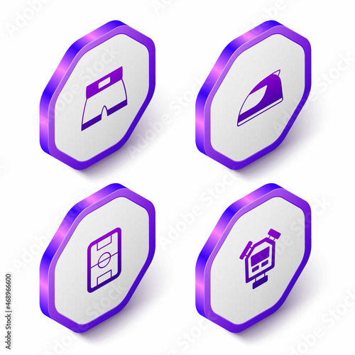 Set Isometric Boxing short, Racing helmet, Football field and Stopwatch icon. Purple hexagon button. Vector