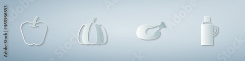 Set Apple, Pumpkin, Roasted turkey or chicken and Thermos container. Paper art style. Vector