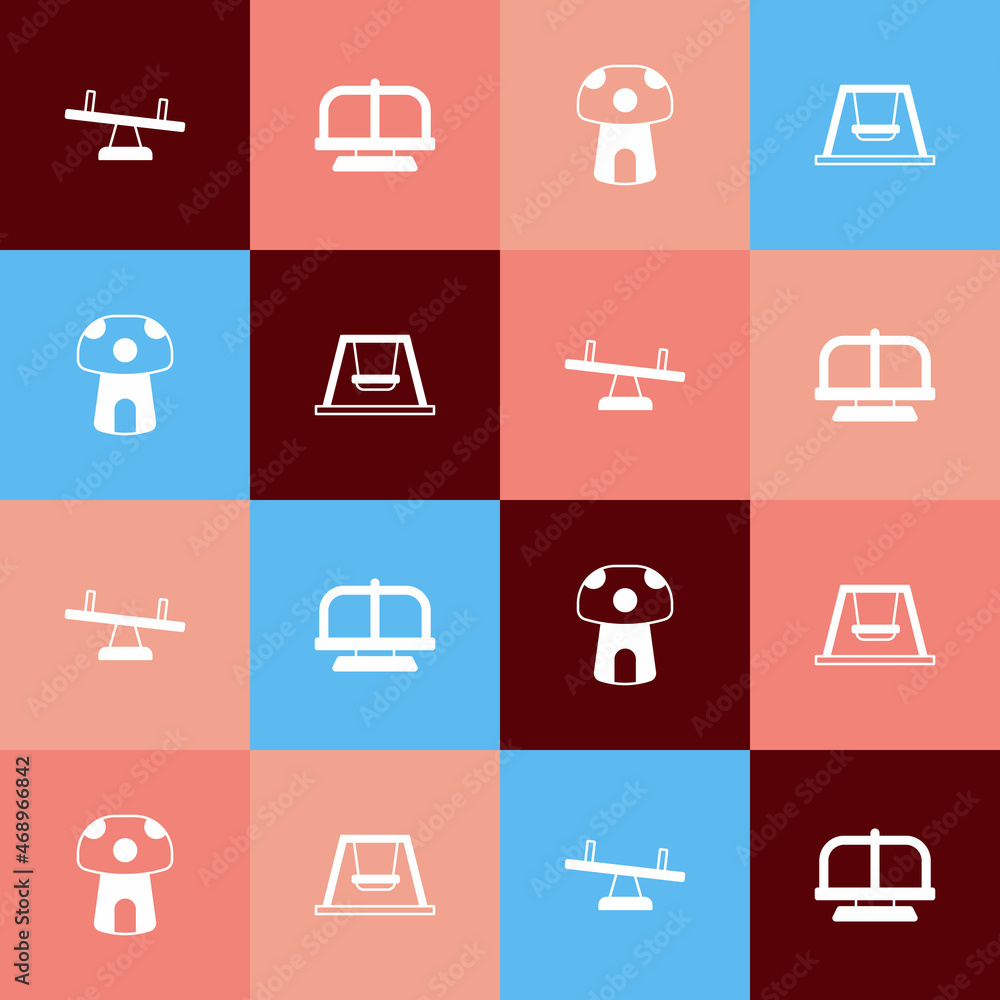 Set pop art Seesaw, Attraction carousel, Mushroom house and Swing for kids icon. Vector Set pop art Seesaw, Attraction carousel, Mushroom house and Swing for kids icon. Vector